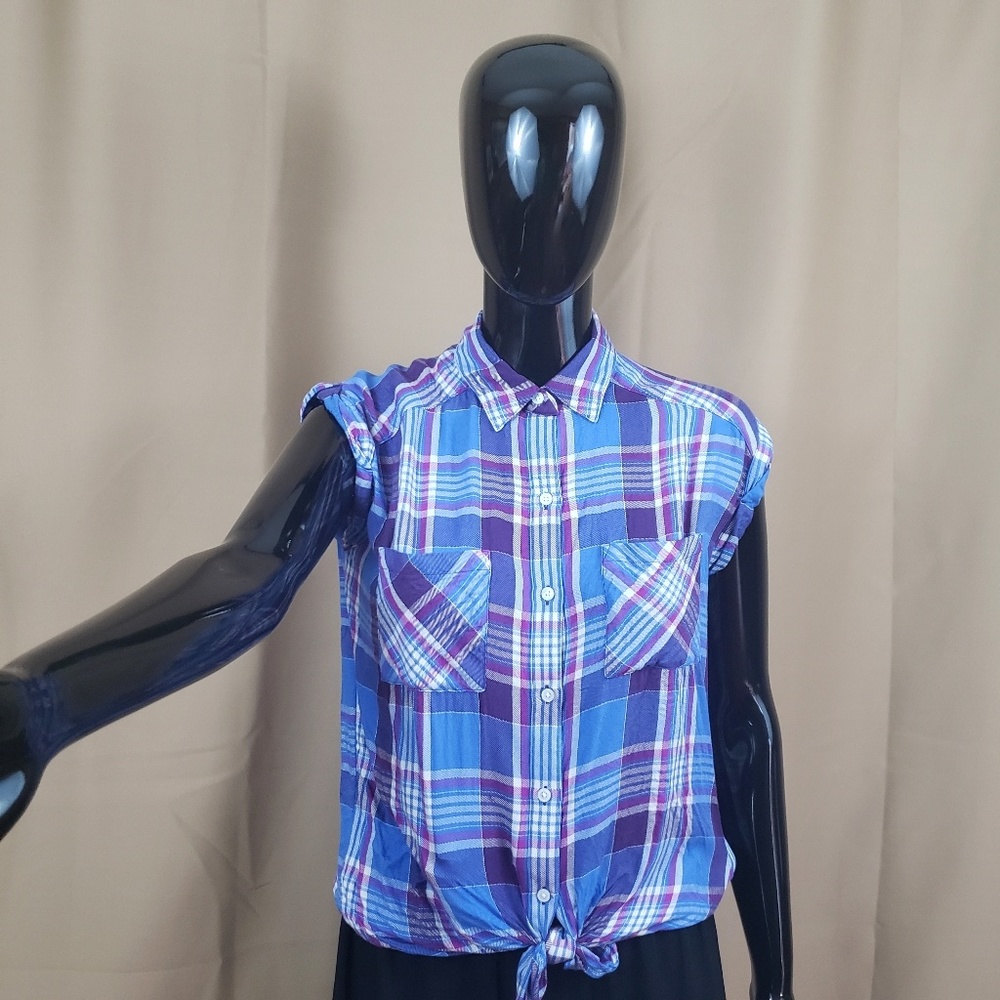 Express | Blue Purple White Plaid Knot Front Top